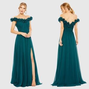 Mac Duggal 11591 Teal Ruched Off The Shoulder A Line Gown Size 8 NWT